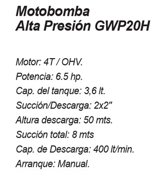 Motobomba alta presion de agua a gasolina GWP20h
