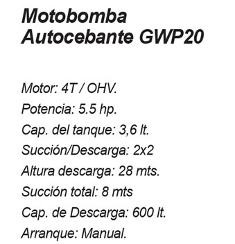 Motobomba autocebante de agua a gasolina GWP20